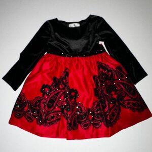 RARE EDITIONS Toddler 2T Holiday Christmas Red & Black Velvet Lace Dress EUC